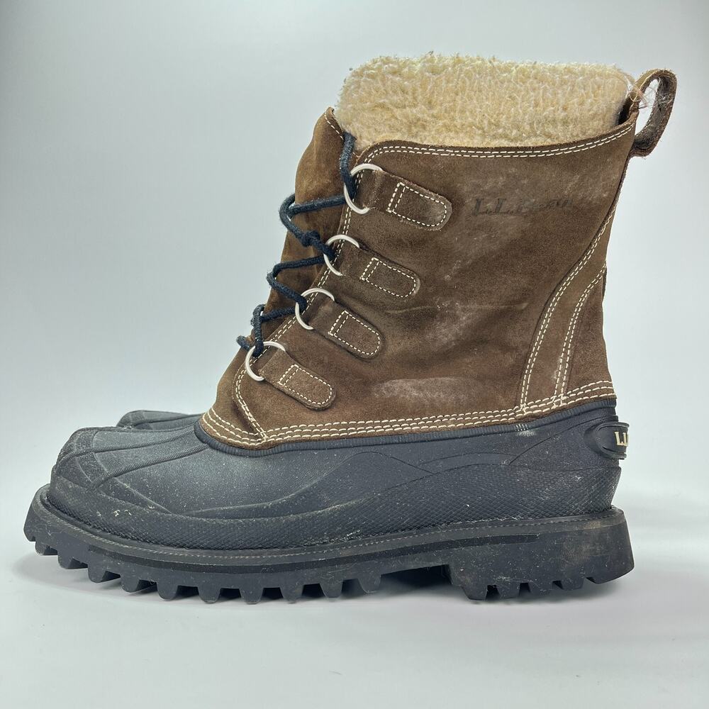 LL Bean Brown Leather Sherpa Insulated Rubber Winter Boots Men's Size 10 M